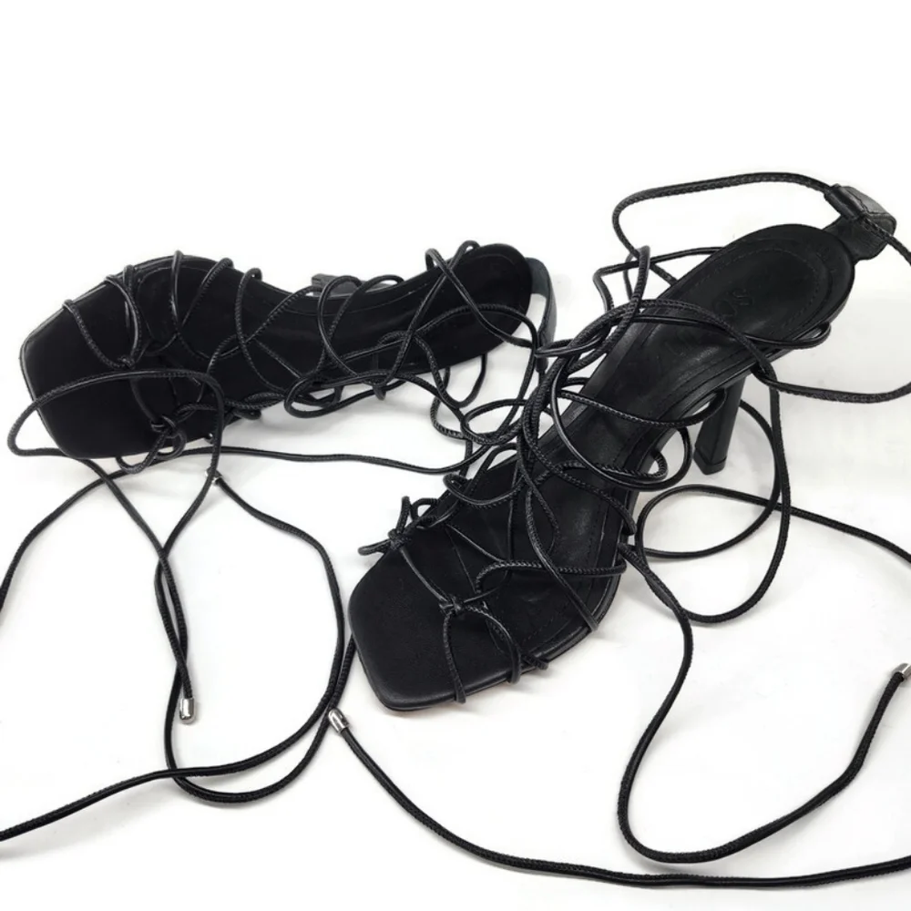 Schutz Heyde Black Leather Strappy Wrap Around & Tie Open-Toe High Heel Sandals - Picture 6 of 11